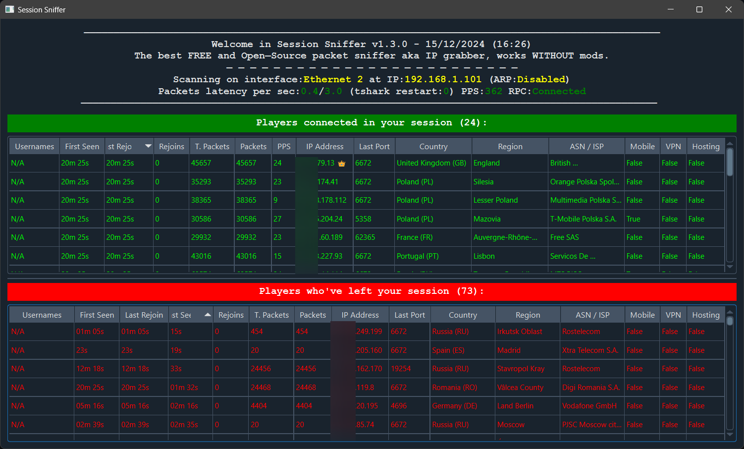 Session-Sniffer en funcionamiento